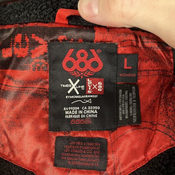 Levi's x 686 Jacket Womens Large Red Snowboard Ski Faux Fur Hood Sherpa Lined - Picture 7 of 16